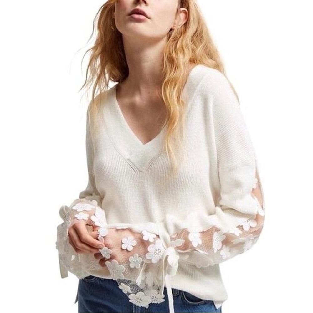 French Connection Caballo Floral-Lace Sleeve Sweater, SIZE S